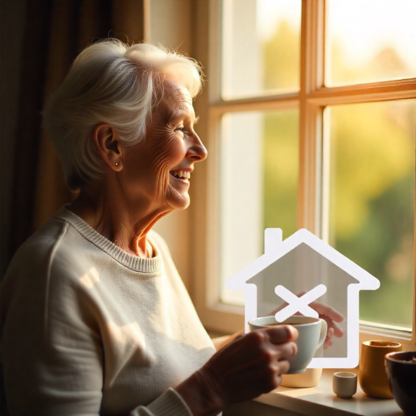 Persona mayor de 65 años mirando tranquilamente por la ventana, simbolizando la tranquilidad de la exención fiscal al vender la vivienda habitual