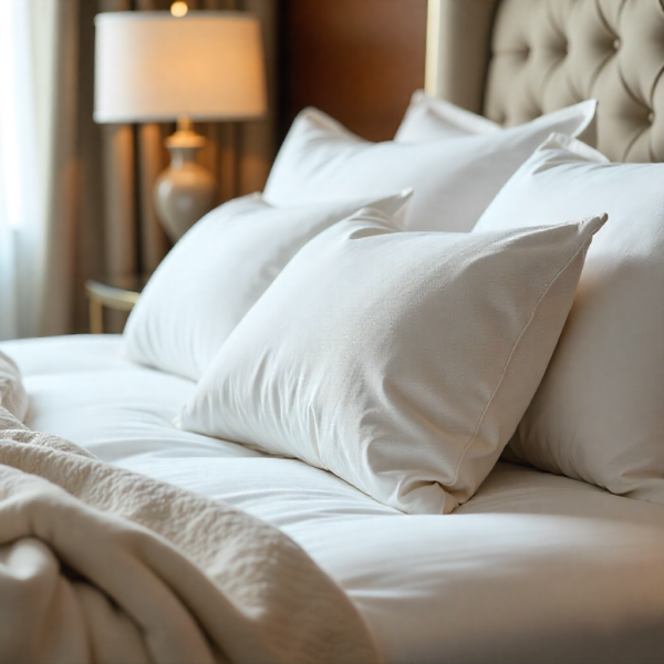 Cama perfectamente hecha con ropa de cama blanca y cojines de diseño sutil, representando los toques finales de Home Staging que añaden valor.