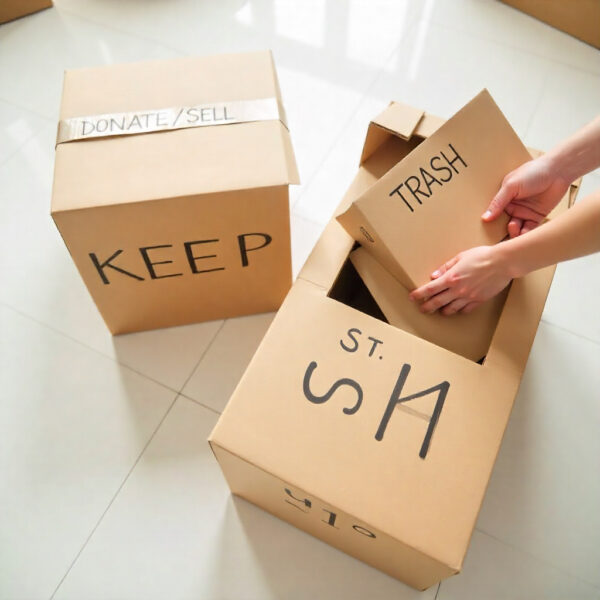 res cajas de cartón etiquetadas como 'Guardar', 'Donar' y 'Tirar', simbolizando el proceso de decluttering para el Home Staging.