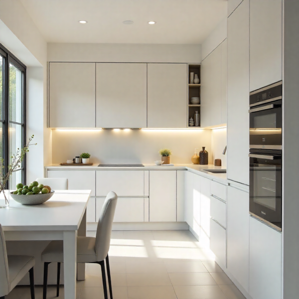Cocina cerrada con diseño moderno y minimalista, que enfatiza la funcionalidad y el orden de los espacios separados.