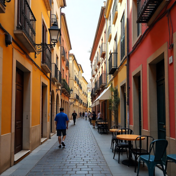 Calle estrecha y colorida en Ruzafa con cafés, indicando un barrio vibrante e ideal para la inversión en Valencia