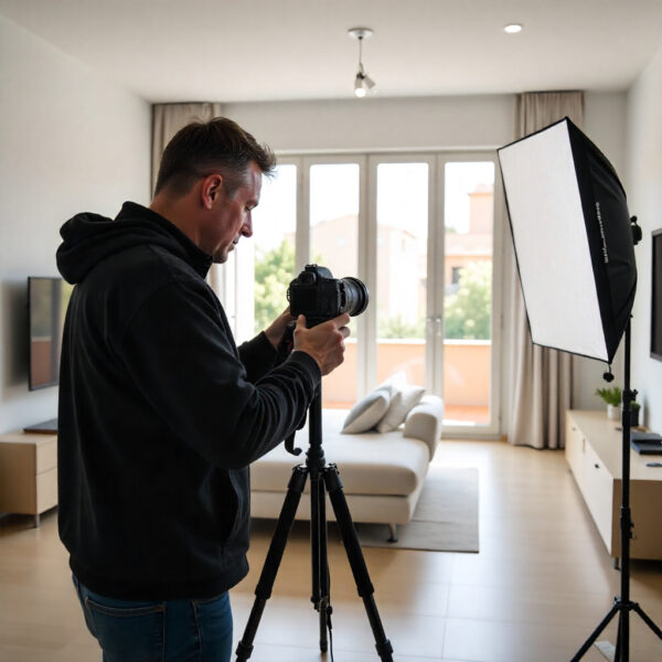 Fotografo inmobiliario valencia profesional con equipo, preparando la sesión para vender casa en valencia