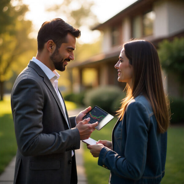 Un agente de Libehome en una propiedad, sosteniendo un móvil o tablet con un gráfico de datos, mientras simultáneamente habla con un cliente y señala un punto de la casa (como la luminosidad o una vista), integrando la tecnología con la experiencia