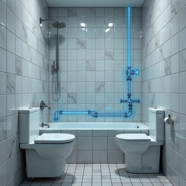 Gráfico con visión de rayos X mostrando tuberías antiguas y oxidadas escondidas detrás de nuevos azulejos, alertando sobre las malas prácticas de reforma para vender