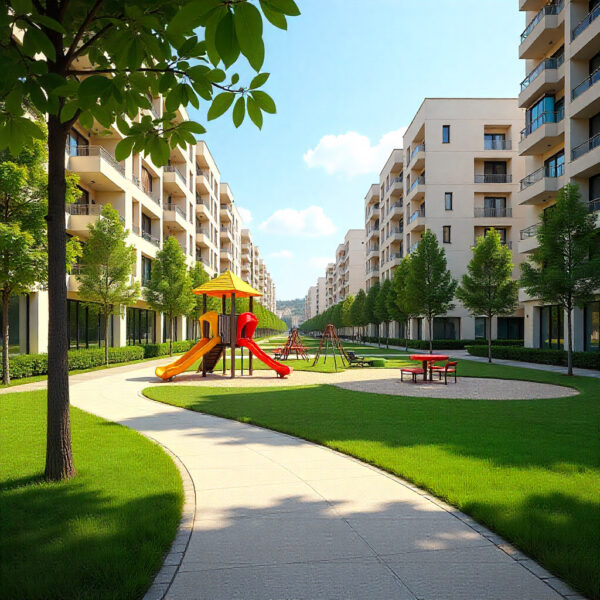 Parque tranquilo y moderno en un barrio residencial, simbolizando la calidad de vida familiar en el mejor barrio de valencia para familias