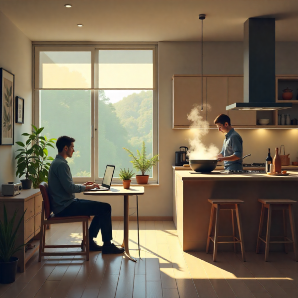 Representación visual del conflicto entre el teletrabajo y el ruido de la cocina abierta, destacando la necesidad de espacios separados.