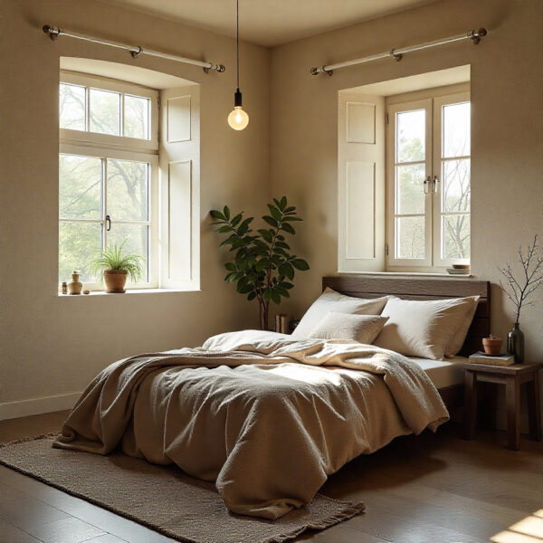 Dormitorio con paredes neutras donde el color se aplica estratégicamente en los textiles (cojines de colores vivos), mostrando un ejemplo de Home Staging funcional