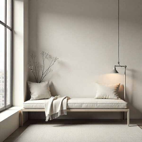 Primer plano de una pared con textura suave y silla de diseño simple en colores neutros, ilustrando la elegancia del lujo silencioso en decoración