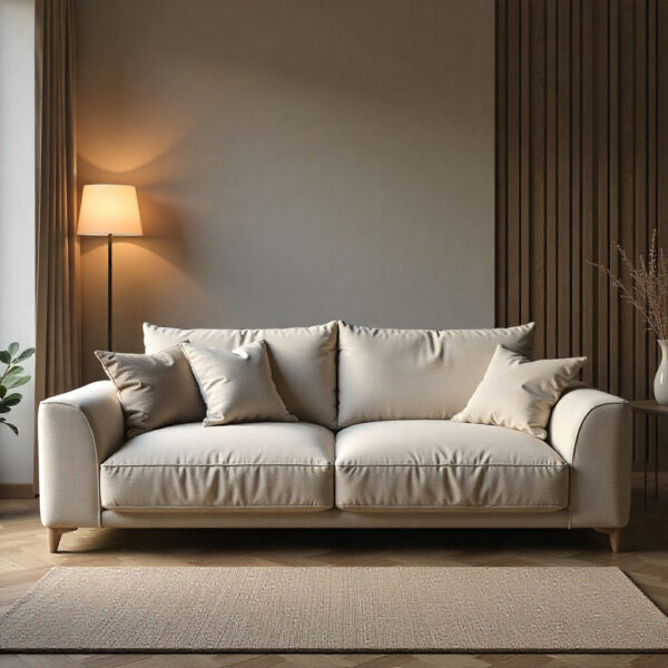 Salón con sofá de diseño curvo en lino y suelo de madera, representando la inversión en muebles de diseño atemporal y alta calidad