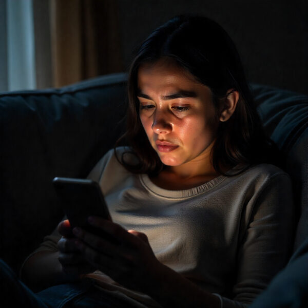 Persona en un sofá deslizando rápidamente noticias catastróficas del mercado inmobiliario en su móvil, con expresión de preocupación, simbolizando el 'doomscrolling