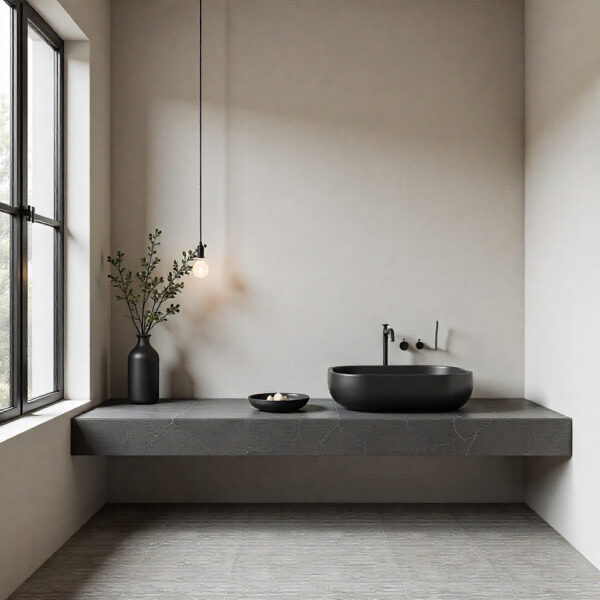 Primer plano de un grifo de latón mate en una cocina con encimera de piedra, mostrando la importancia de los detalles de alta calidad en el Home Staging